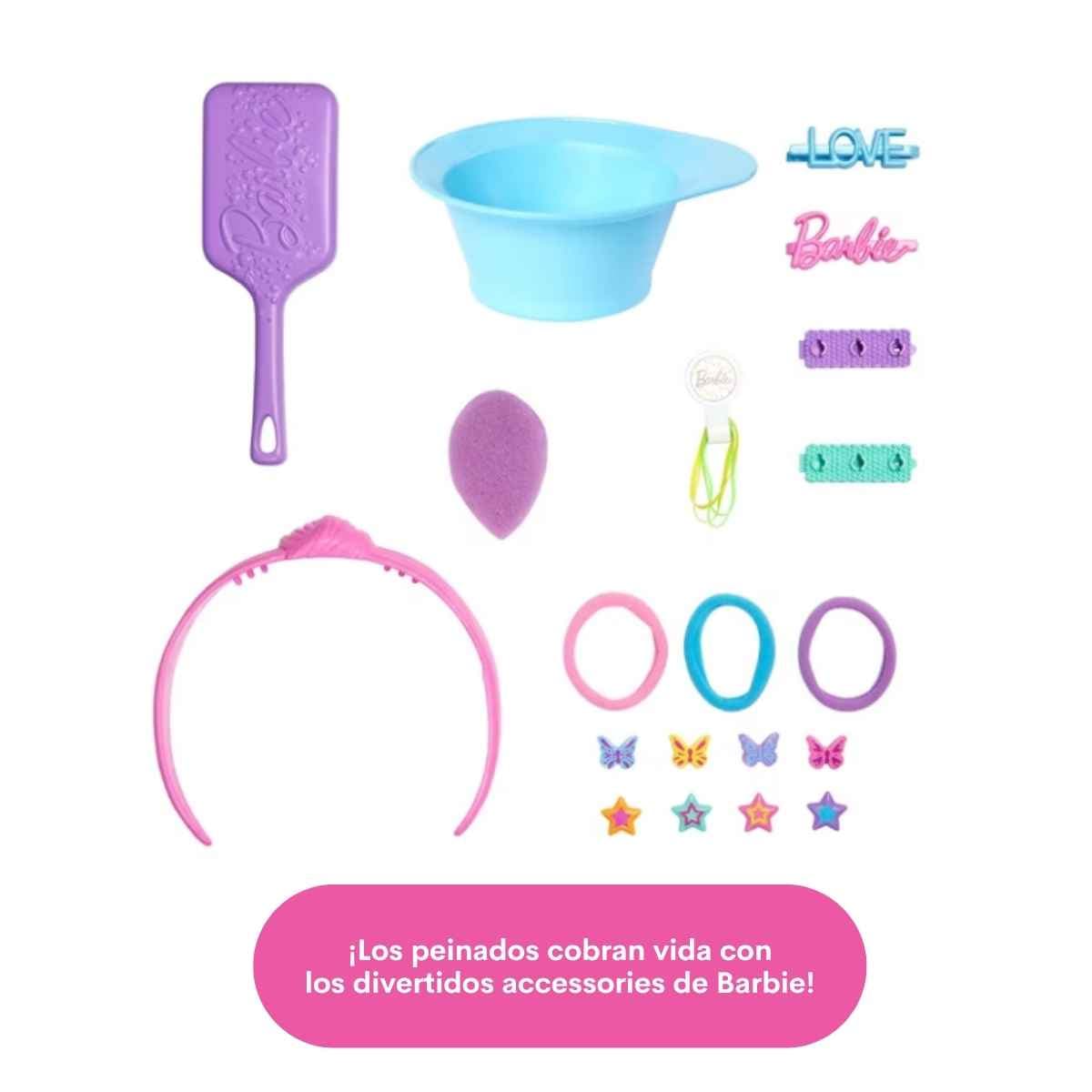 Accesorios incluidos con la cabeza para peinar Barbie Color Reveal, como cepillo, recipiente, diadema y ligas.