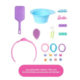 Accesorios incluidos con la cabeza para peinar Barbie Color Reveal, como cepillo, recipiente, diadema y ligas.