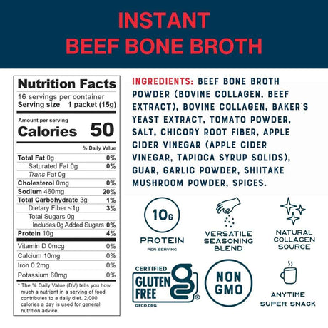 Tabla nutricional del suplemento Bare Bones Caldo de Huesos de Res Instantáneo 16 Sobres.