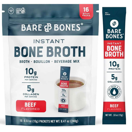 Empaque del producto Bare Bones Caldo de Huesos de Res Instantáneo 16 Sobres.
