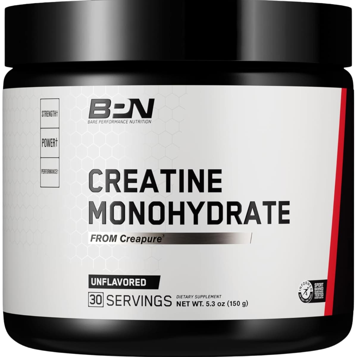 Frasco de suplemento Bare Performance Nutrition Monohidrato de Creatina Creapure 5000 mg 30 servicios polvo