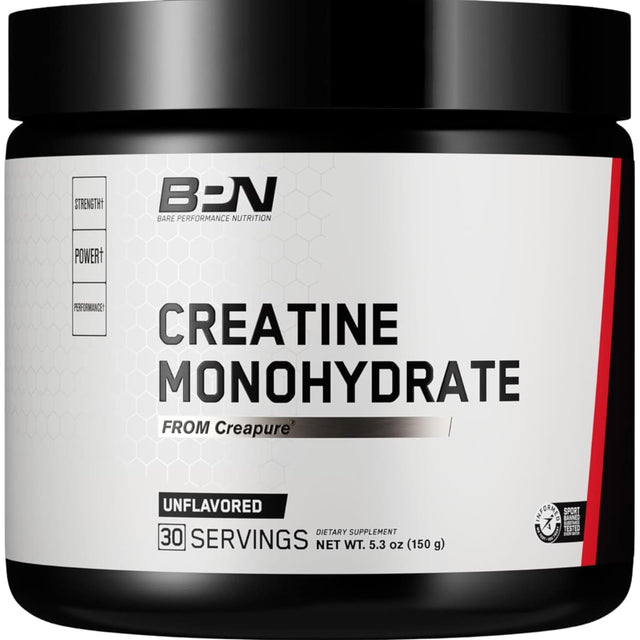 Frasco de suplemento Bare Performance Nutrition Monohidrato de Creatina Creapure 5000 mg 30 servicios polvo