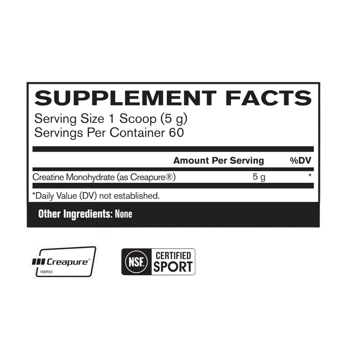Tabla nutricional del suplemento Bare Performance Nutrition Monohidrato de Creatina Creapure 5000 mg 60 servicios polvo