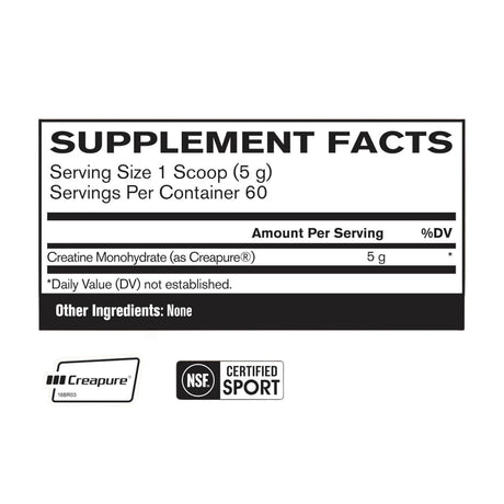 Tabla nutricional del suplemento Bare Performance Nutrition Monohidrato de Creatina Creapure 5000 mg 60 servicios polvo