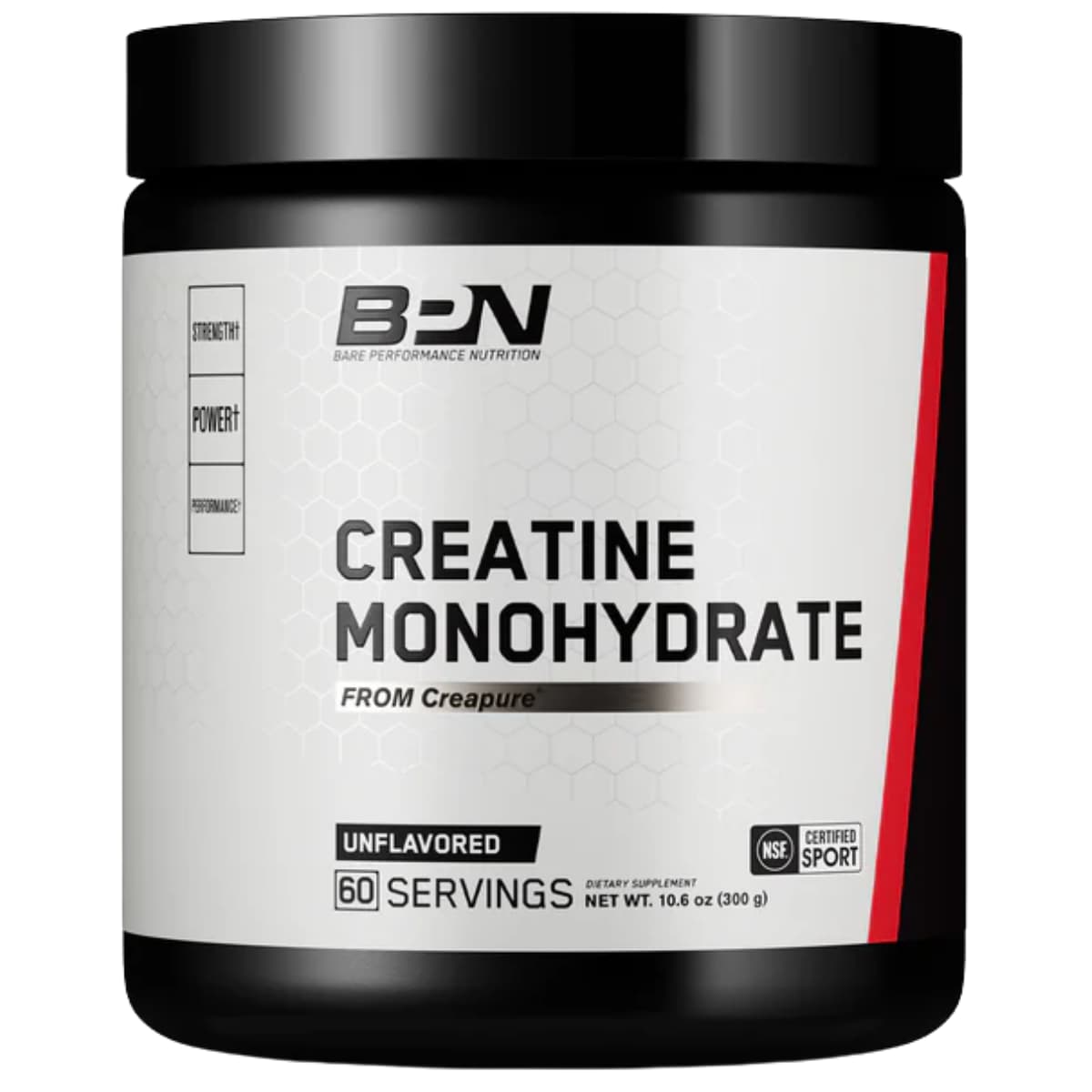 Frasco de suplemento Bare Performance Nutrition Monohidrato de Creatina Creapure 5000 mg 60 servicios polvo