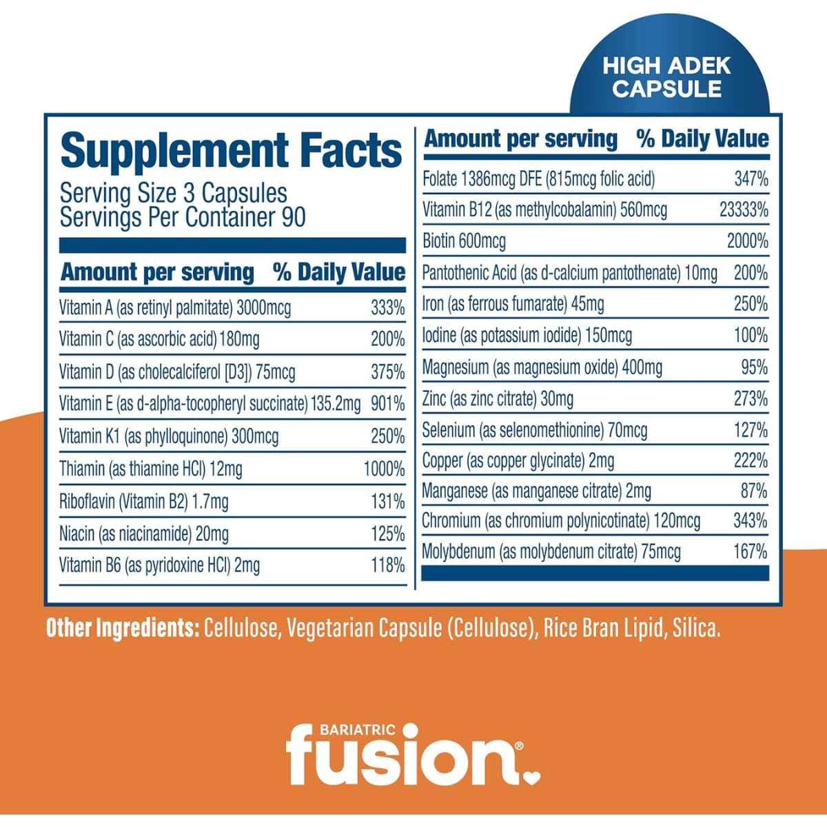 Tabla nutricional de Bariatric Fusion Multivitamínico Alto ADEK con Hierro 270 cápsulas