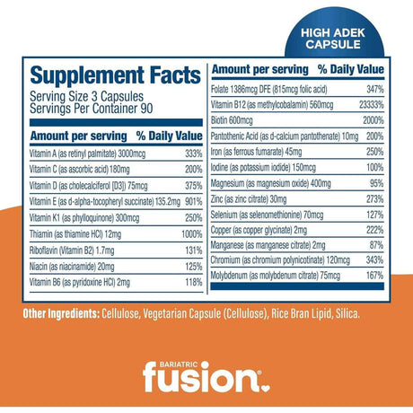 Tabla nutricional de Bariatric Fusion Multivitamínico Alto ADEK con Hierro 270 cápsulas