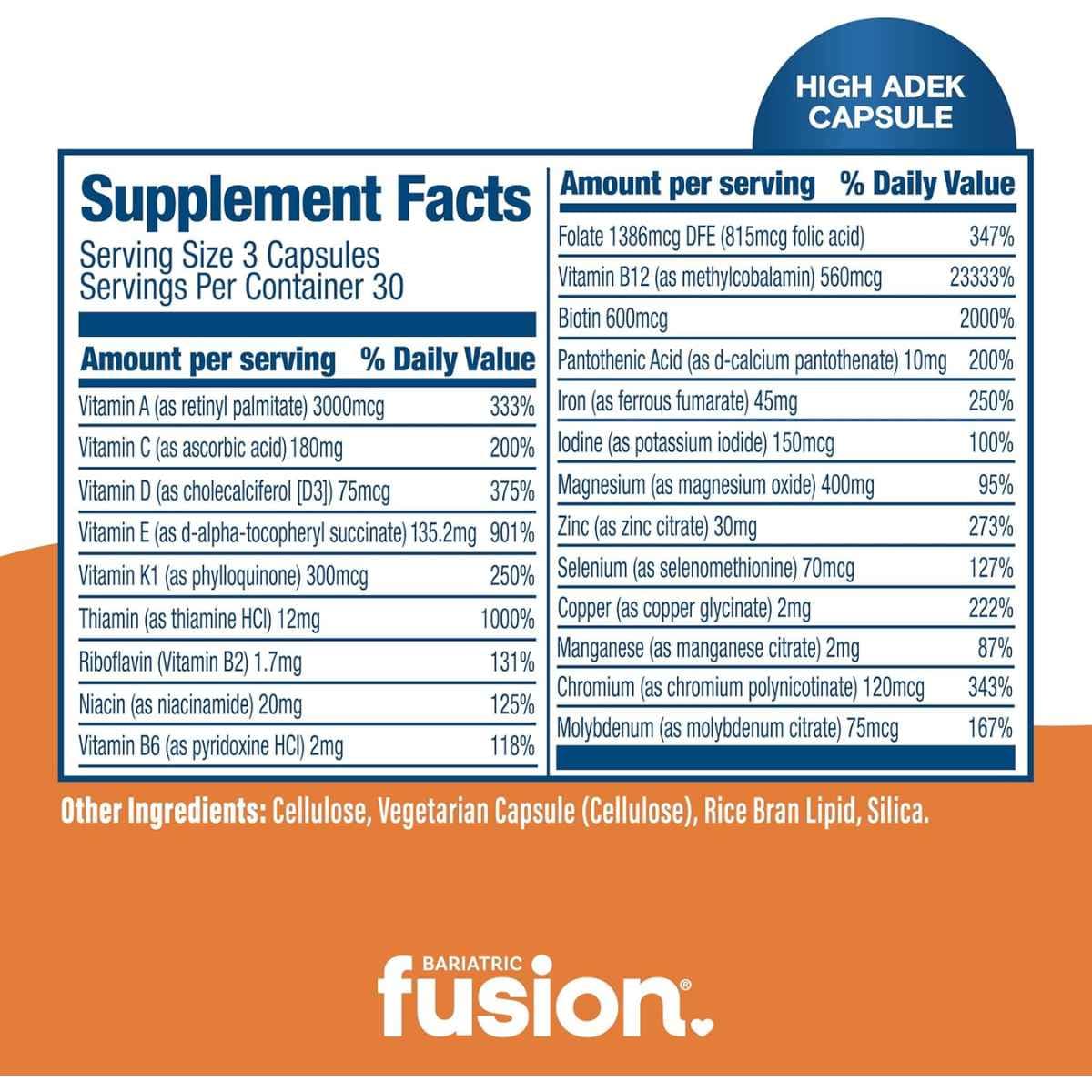 Tabla nutricional de Bariatric Fusion Multivitamínico Alto ADEK con Hierro 90 cápsulas