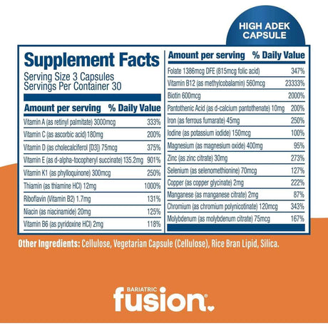 Tabla nutricional de Bariatric Fusion Multivitamínico Alto ADEK con Hierro 90 cápsulas
