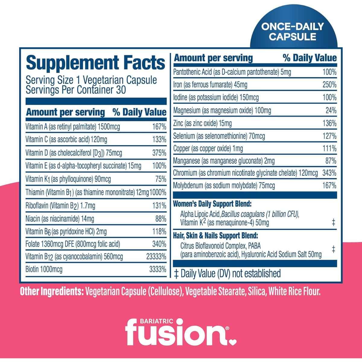 Tabla nutricional del suplemento Bariatric Fusion Multivitamínico Bariátrico para Mujer 30 cápsulas
