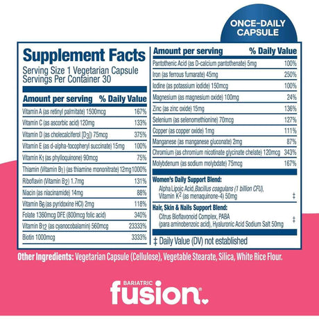 Tabla nutricional del suplemento Bariatric Fusion Multivitamínico Bariátrico para Mujer 30 cápsulas