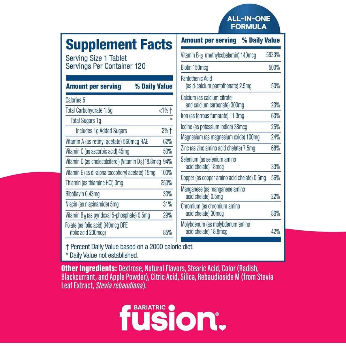 Tabla nutricional del suplemento Bariatric Fusion Multivitamínico con Hierro Cereza Silvestre 120 tabletas