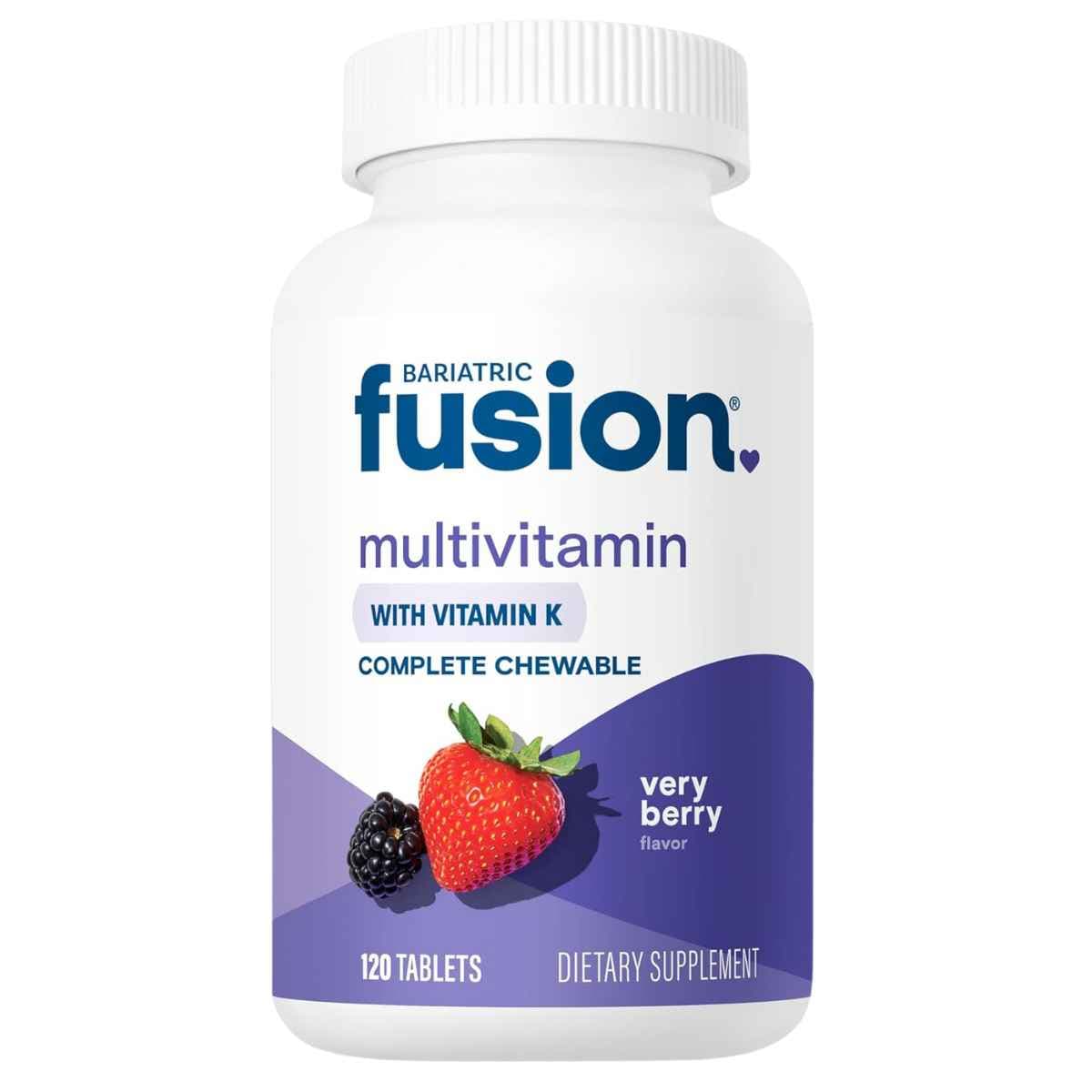 Frasco de suplemento Bariatric Fusion Multivitamínico Masticable sabor Frutos Rojos 120 tabletas