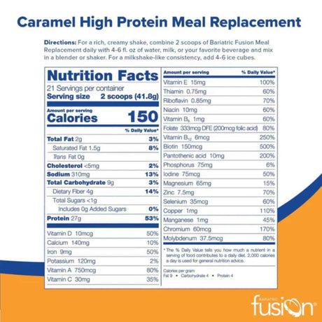 Tabla nutricional de Bariatric Fusion reemplazo de comida en polvo sabor caramelo