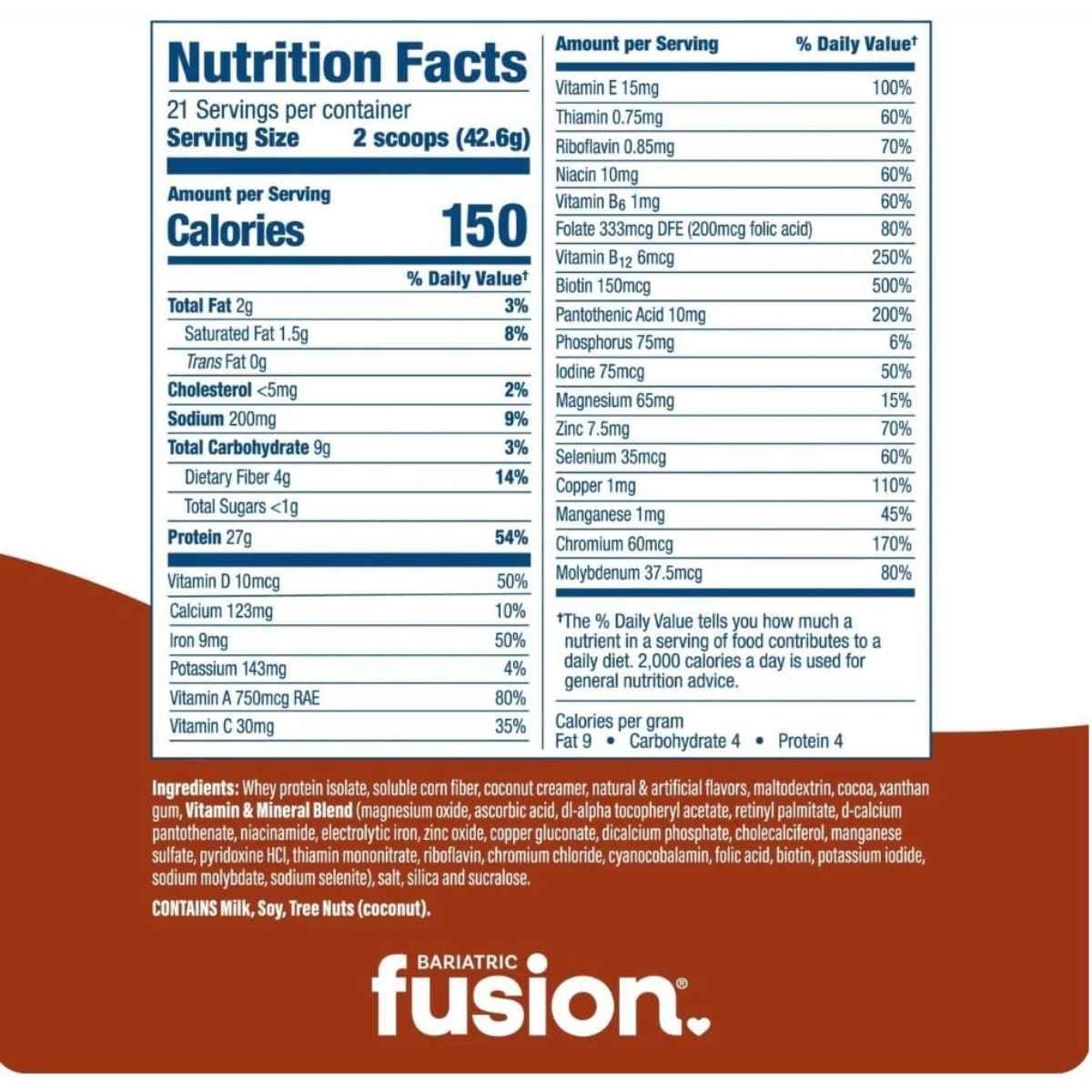 Tabla nutricional de Bariatric Fusion reemplazo de comida en polvo sabor chocolate con mantequilla de maní