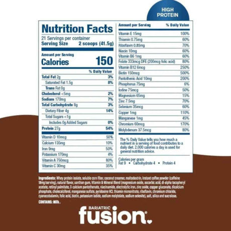 Tabla nutricional de Bariatric Fusion reemplazo de comida en polvo sabor chocolate