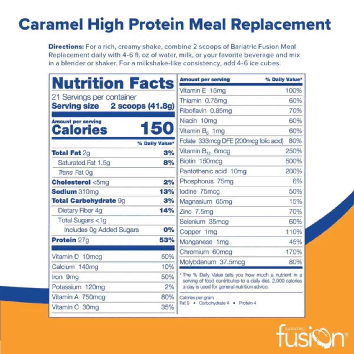 Tabla nutricional de Bariatric Fusion reemplazo de comida en polvo sabor crema de naranja