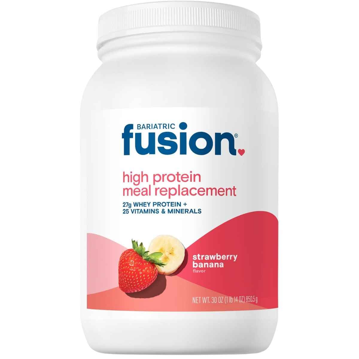 Frasco de Bariatric Fusion reemplazo de comida en polvo sabor fresa y plátano