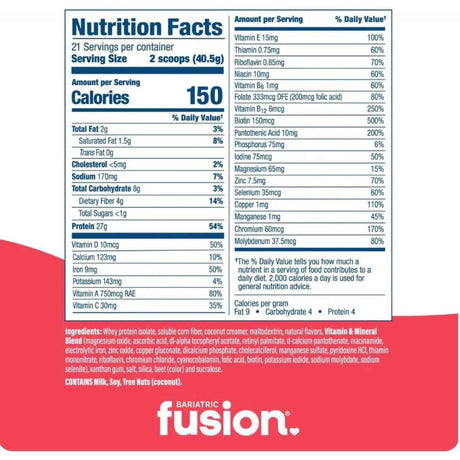Tabla nutricional de Bariatric Fusion reemplazo de comida en polvo sabor fresa y plátano