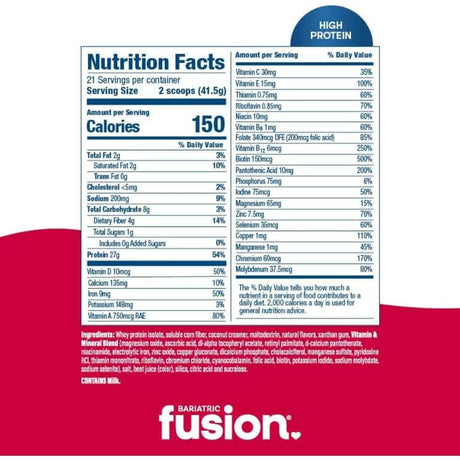 Tabla nutricional de Bariatric Fusion reemplazo de comida en polvo sabor fresa