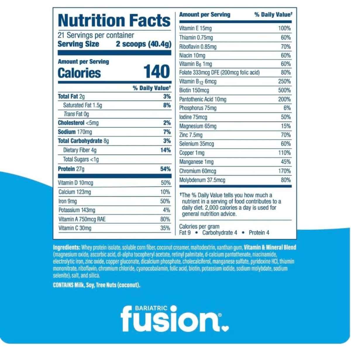 Tabla nutricional de Bariatric Fusion reemplazo de comida en polvo sin sabor