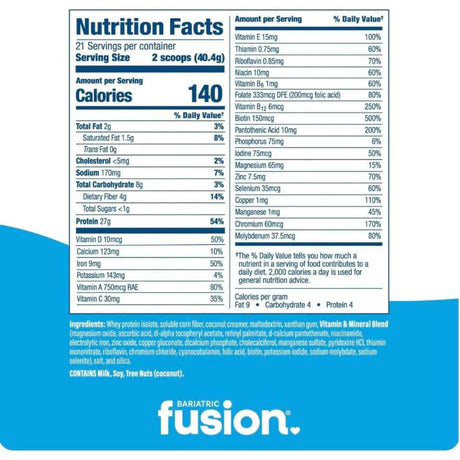 Tabla nutricional de Bariatric Fusion reemplazo de comida en polvo sin sabor
