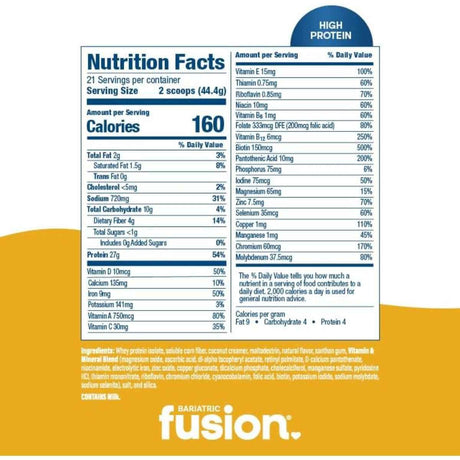 Tabla nutricional de Bariatric Fusion reemplazo de comida en polvo sabor sopa de pollo