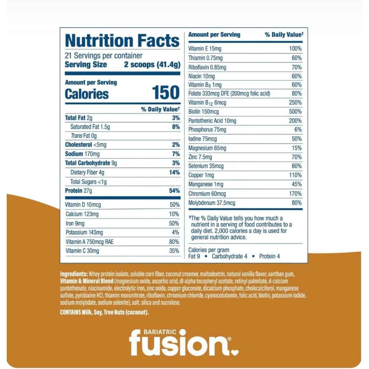 Tabla nutricional de Bariatric Fusion reemplazo de comida en polvo sabor vainilla