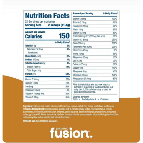 Tabla nutricional de Bariatric Fusion reemplazo de comida en polvo sabor vainilla