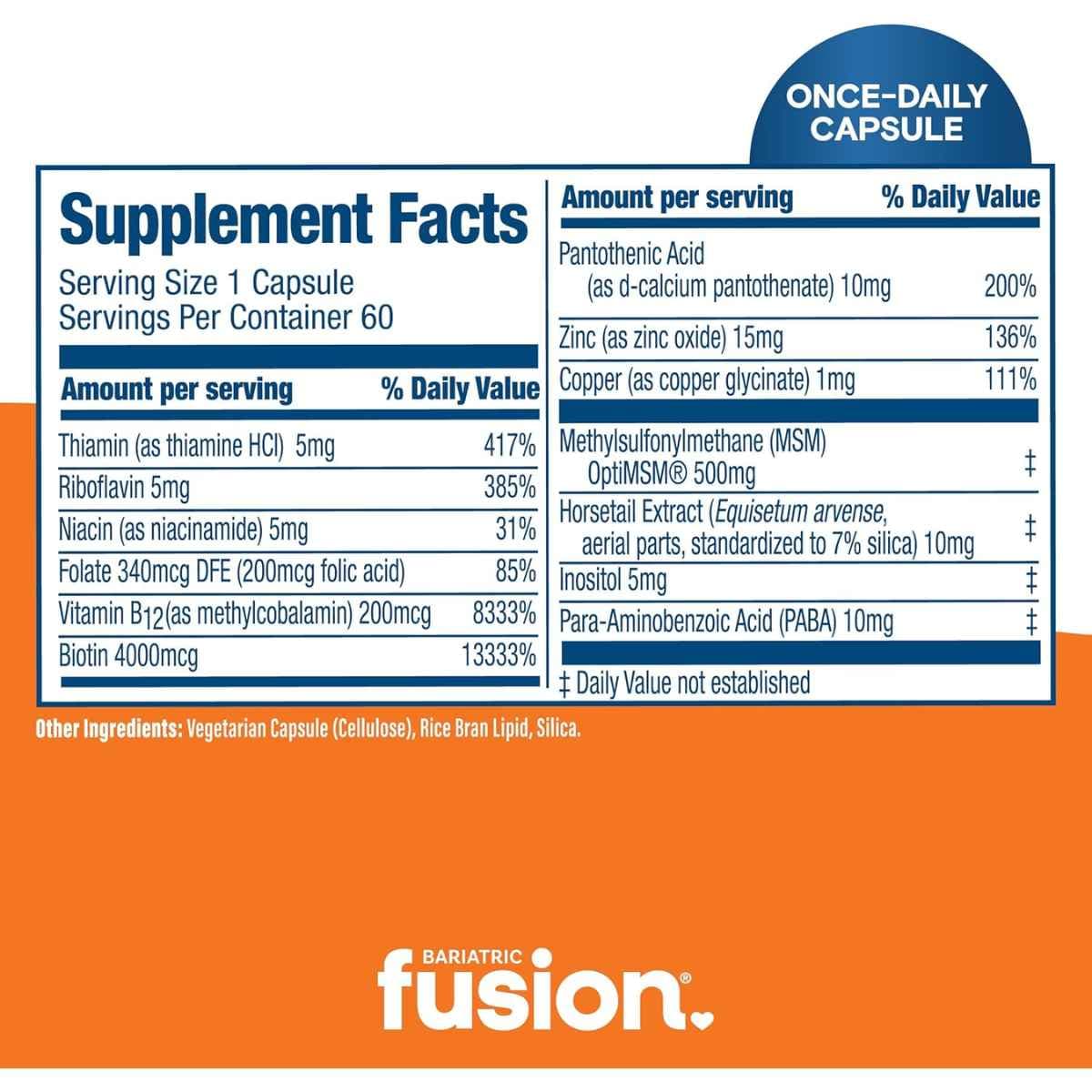 Tabla nutricional del suplemento Bariatric Fusion Rejuvenecedor de Cabello, Piel y Uñas 60 cápsulas