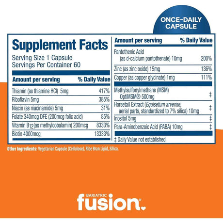 Tabla nutricional del suplemento Bariatric Fusion Rejuvenecedor de Cabello, Piel y Uñas 60 cápsulas