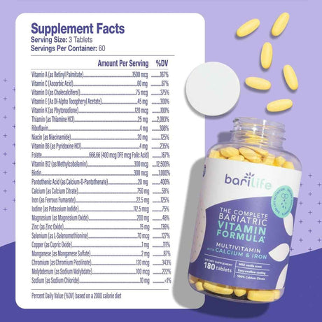 Tabla nutricional del suplemento BariLife Fórmula Vitamínica Bariátrica Completa 180 Tabletas