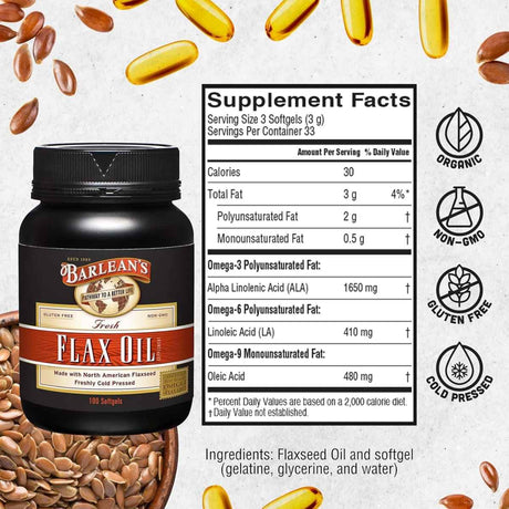 Tabla nutricional del suplemento Barlean's Aceite de Linaza 1650 mg 100 cápsulas blandas