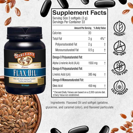 Tabla nutricional del suplemento Barlean's Aceite de Linaza con Lignanos 1550 mg 100 cápsulas blandas