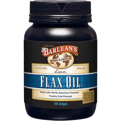 Frasco de suplemento Barlean's Aceite de Linaza con Lignanos 1550 mg 100 cápsulas blandas