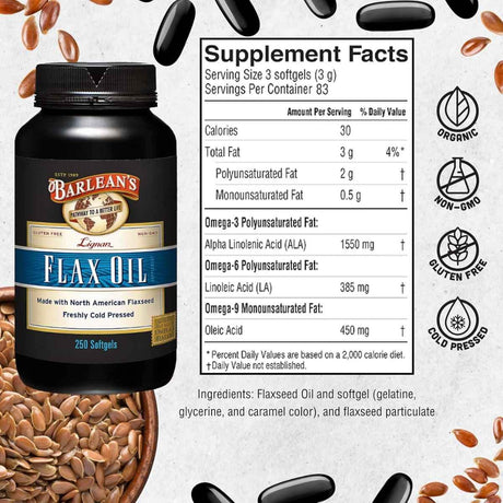 Tabla nutricional del suplemento Barlean's Aceite de Linaza con Lignanos 1550 mg 250 cápsulas blandas