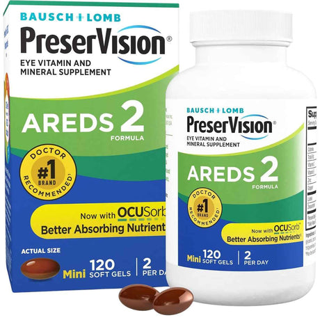 Frasco de suplemento Bausch + Lomb PreserVision AREDS 2 Luteína 120 mini cápsulas