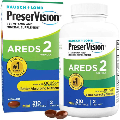 Frasco de suplemento Bausch + Lomb PreserVision AREDS 2 Luteína 210 mini cápsulas