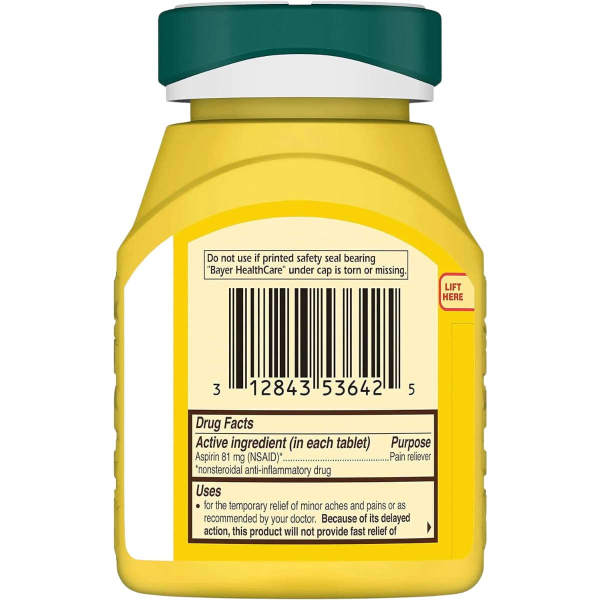 Tabla nutricional del suplemento Bayer Aspirina de Dosis Baja 300 tabletas
