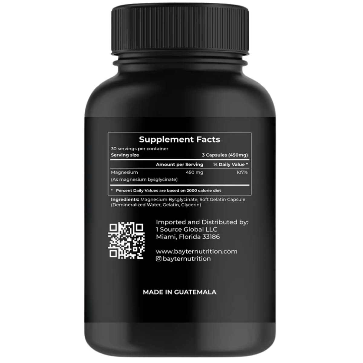Etiqueta de información suplementaria de Bayter Nutrition magnesio bisglicinato 450 mg, presentación de 90 cápsulas