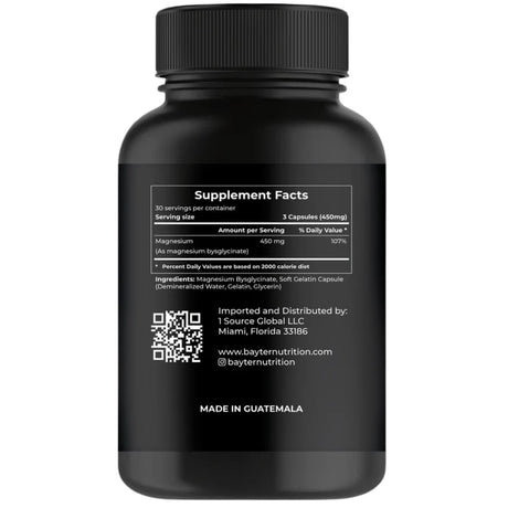 Etiqueta de información suplementaria de Bayter Nutrition magnesio bisglicinato 450 mg, presentación de 90 cápsulas