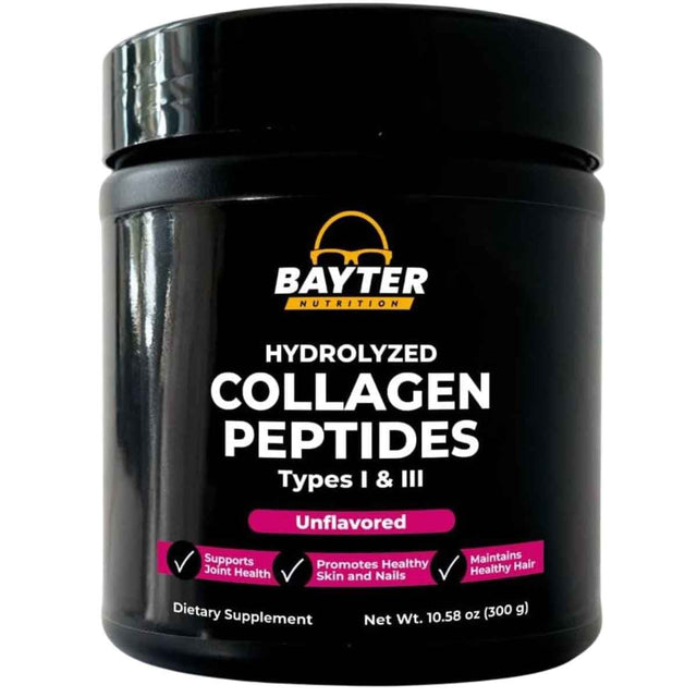 Frasco de Bayter Nutrition péptidos de colágeno hidrolizado tipos I y III 10 g, presentación de 300 g