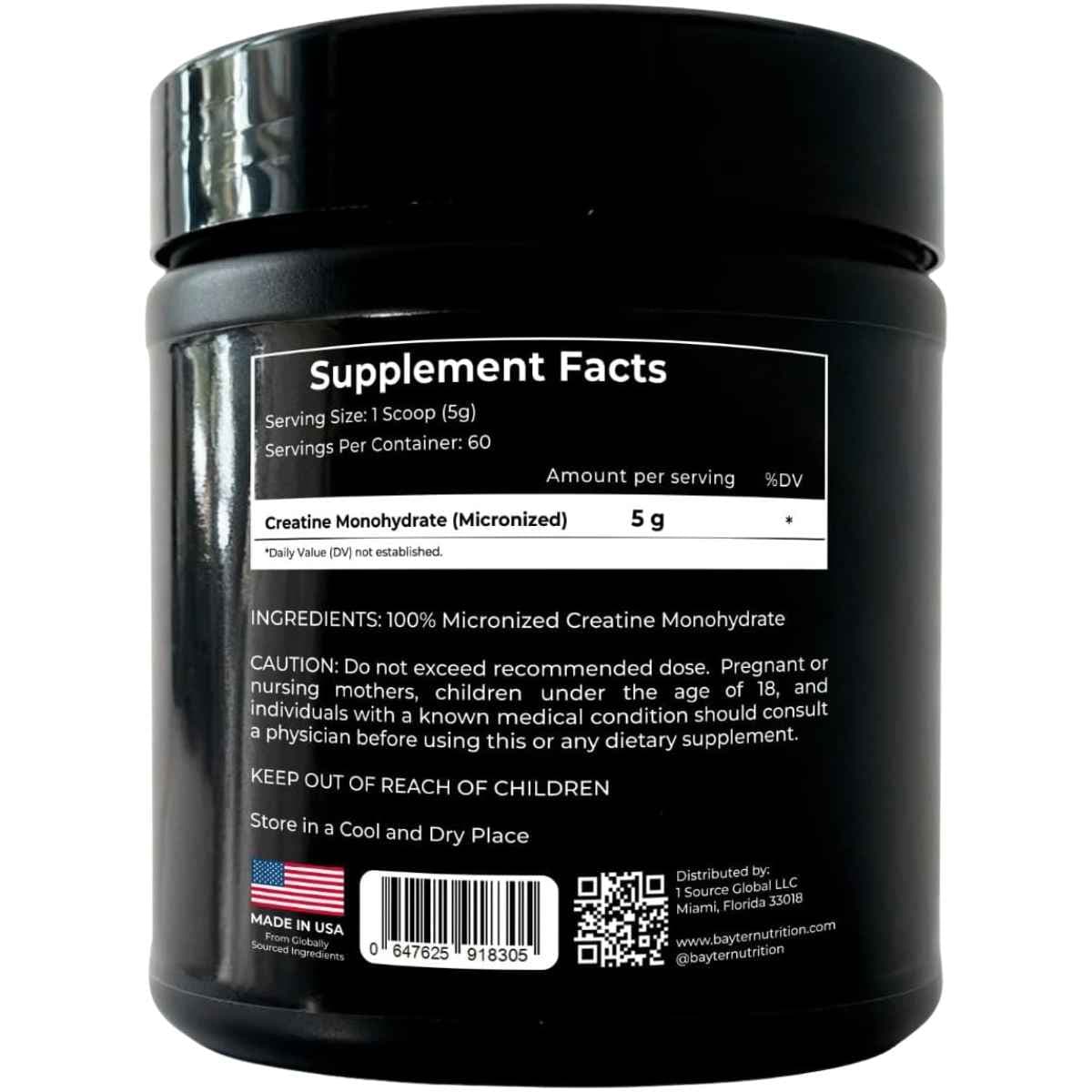 Etiqueta de información suplementaria de Bayter Nutrition creatina monohidratada micronizada 5 g, presentación de 300 g