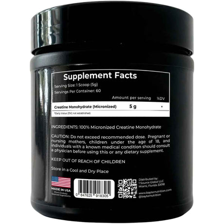 Etiqueta de información suplementaria de Bayter Nutrition creatina monohidratada micronizada 5 g, presentación de 300 g