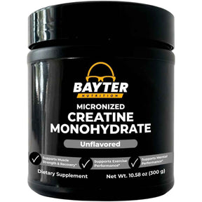 Frasco de Bayter Nutrition creatina monohidratada micronizada 5 g, presentación de 300 g sin sabor