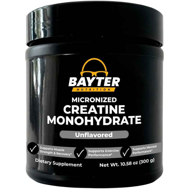 Frasco de Bayter Nutrition creatina monohidratada micronizada 5 g, presentación de 300 g sin sabor