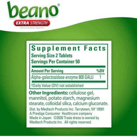 Tabla nutricional del suplemento Beano Alfa-galactosidasa 100 tabletas