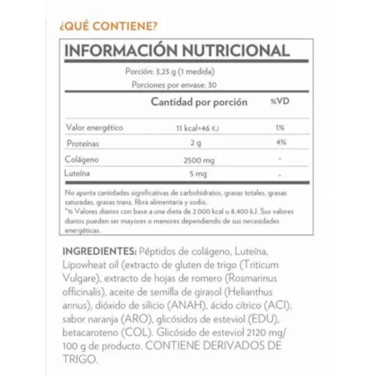Tabla nutricional del suplemento Beauty Focus Colágeno con Luteína Citrus 97 g