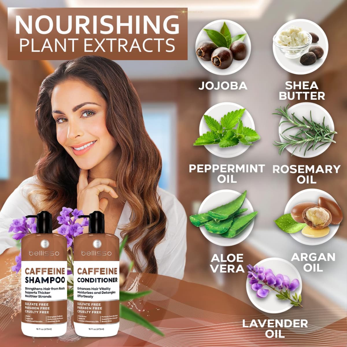 Bellisso shampoo y acondicionador con cafeína e ingredientes botánicos