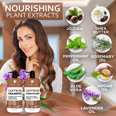 Bellisso shampoo y acondicionador con cafeína e ingredientes botánicos